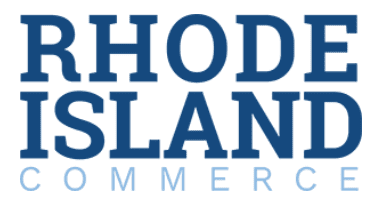 Bold blue text logo reading "Rhode Island Commerce."